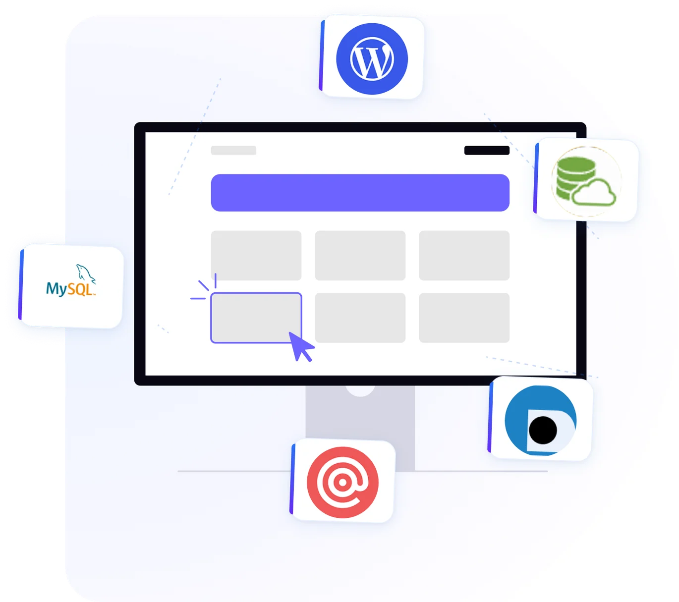 Écran d'administration entouré des applications supportées : WordPress, MySQL, bases de données